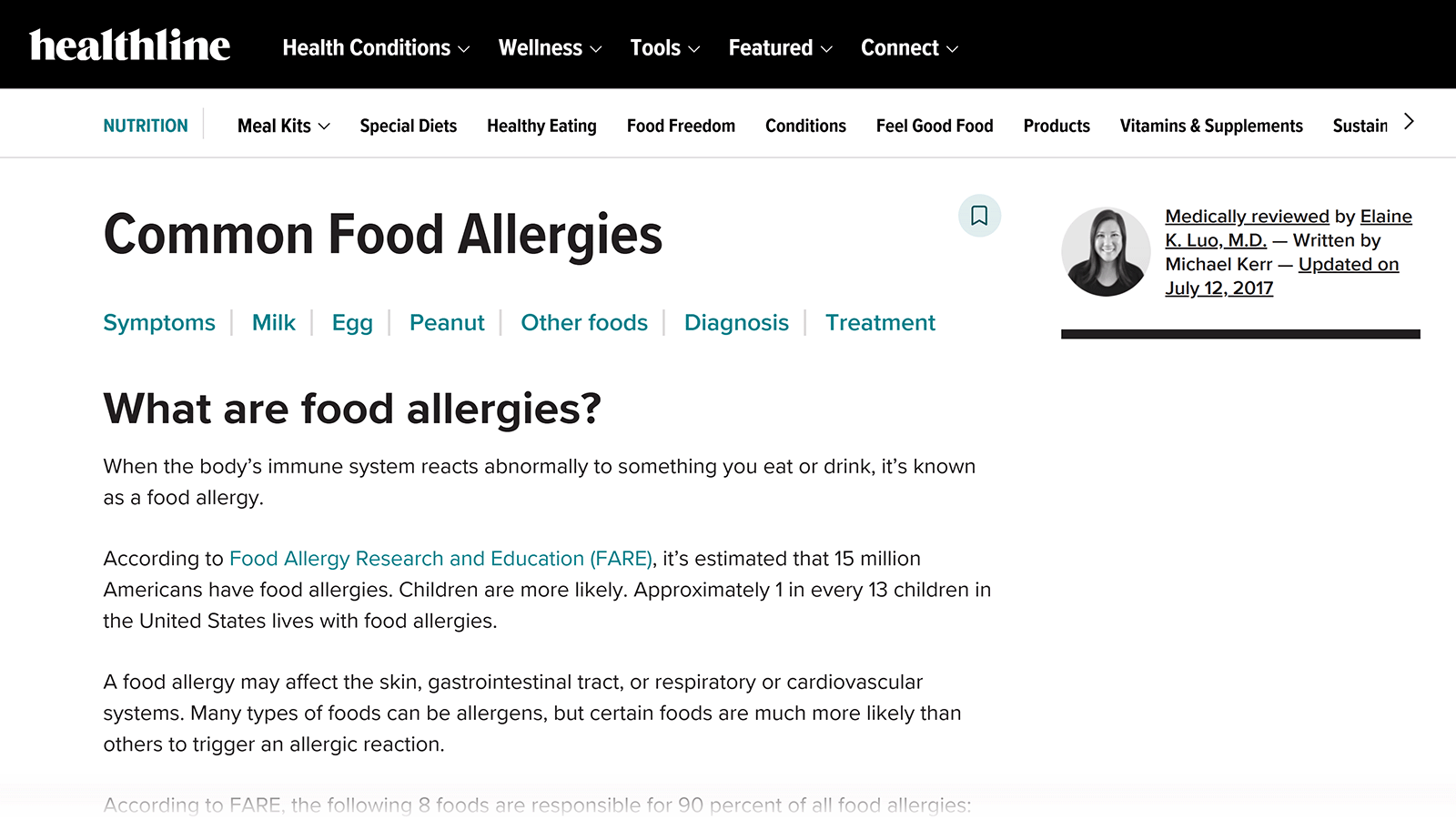 Healthline article about common food allergies, a related page linked from its broader allergies content