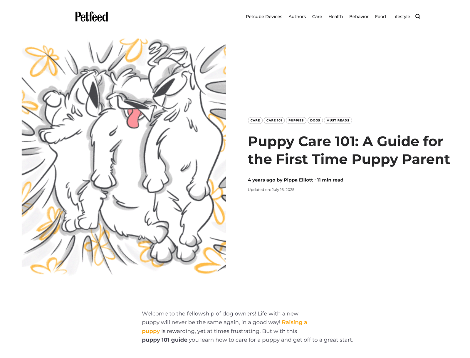 Petfeed pillar article titled “Puppy Care 101: A Guide for the First Time Puppy Parent”