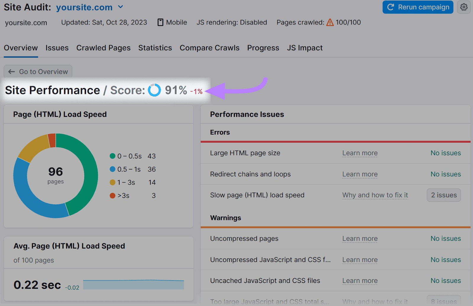 "Site Performance Score" shows "91%" which is "-1%" change from the previous month.