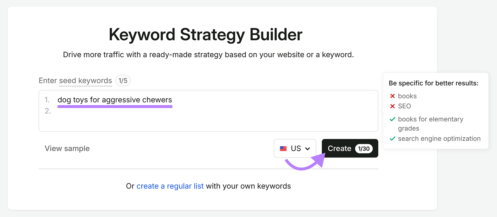 Semrush Keyword Strategy Builder with “dog toys for aggressive chewers” entered as a seed keyword to create a strategy