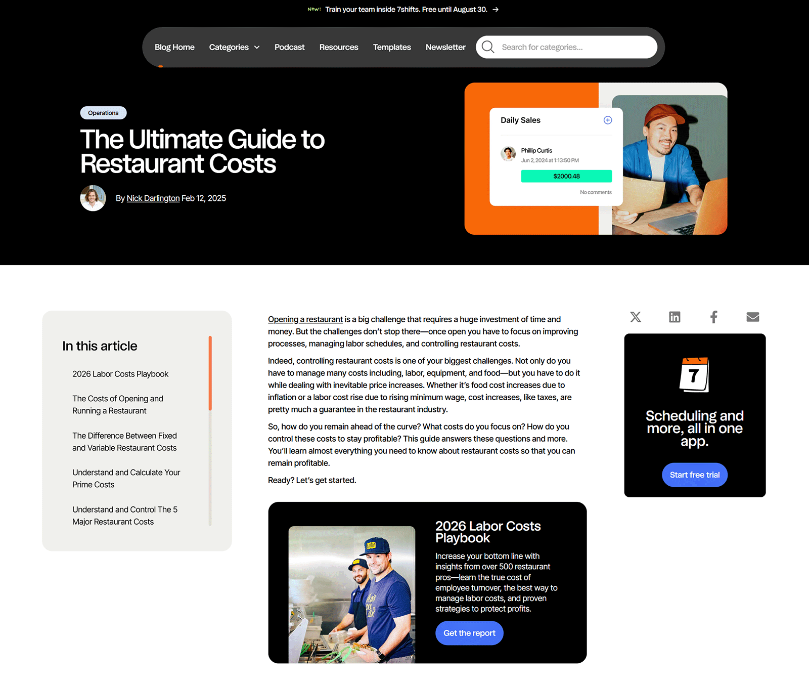 7shifts pillar page titled “The Ultimate Guide to Restaurant Costs” with navigation to sections covering related subtopics