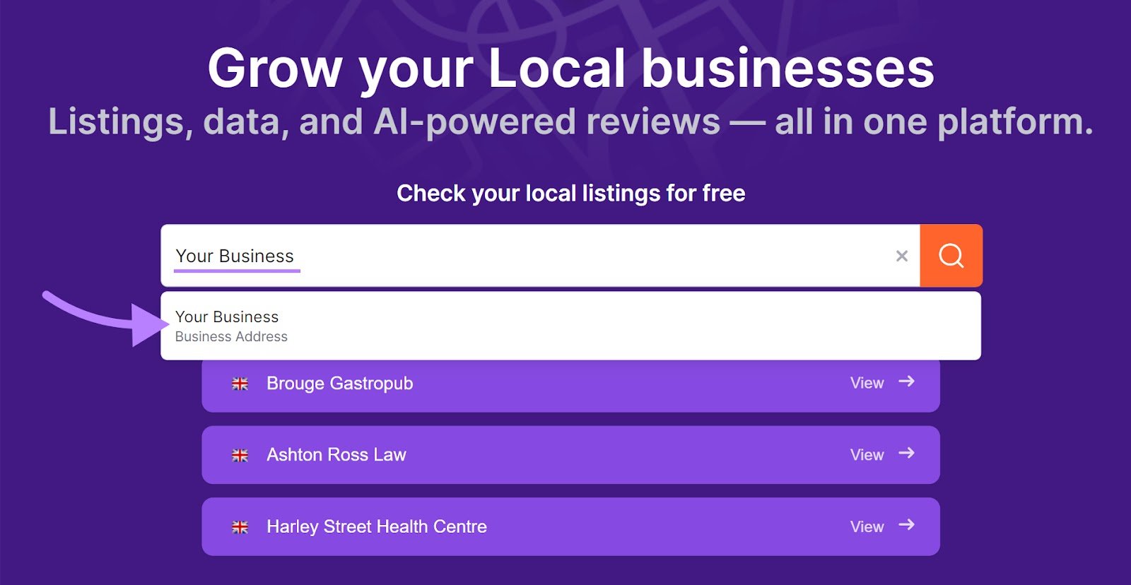 Searching for business in Listing Management tool
