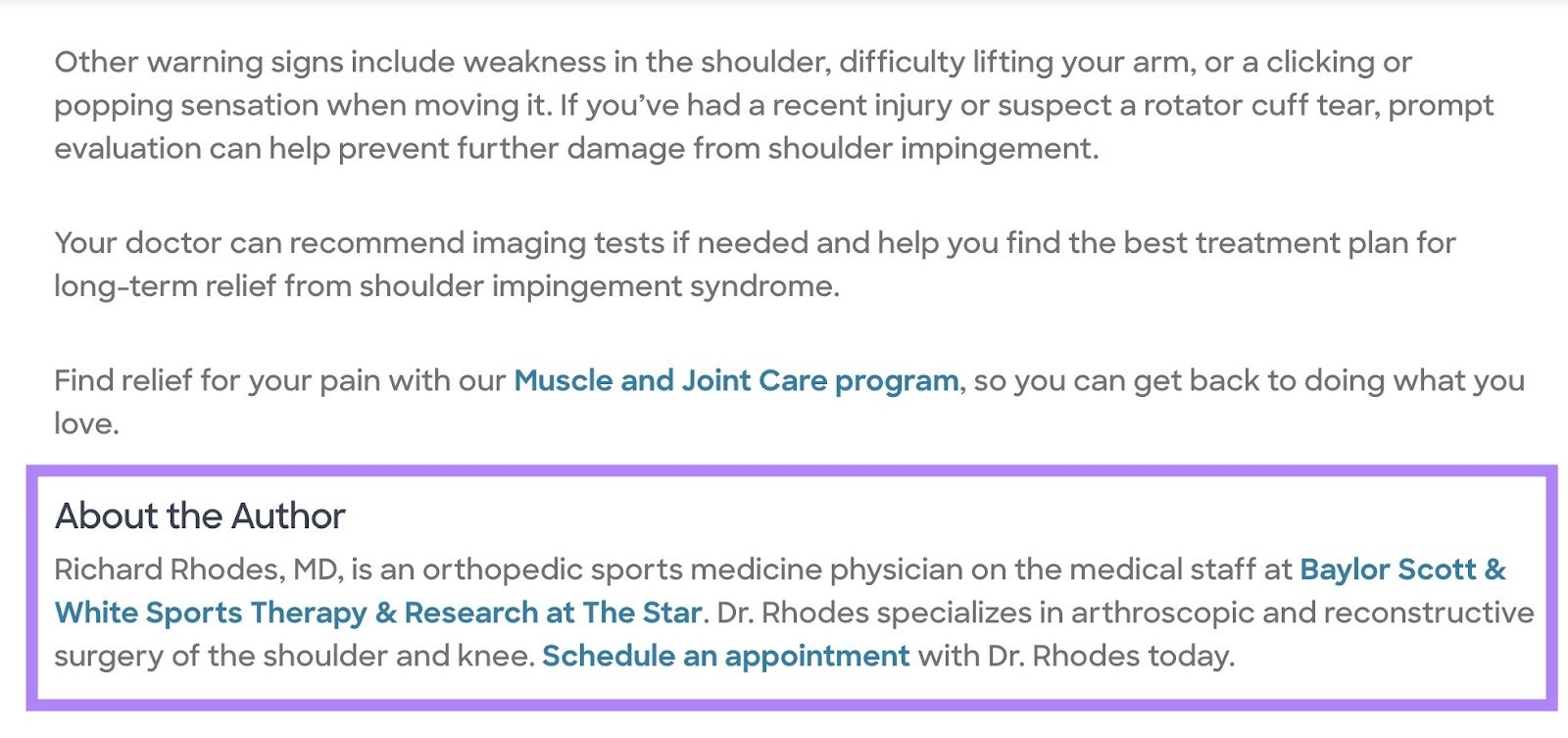 Blog post by Baylor Scott & White Health with the 'About the Author' section at the bottom demonstrating their medical expertise highlighted.
